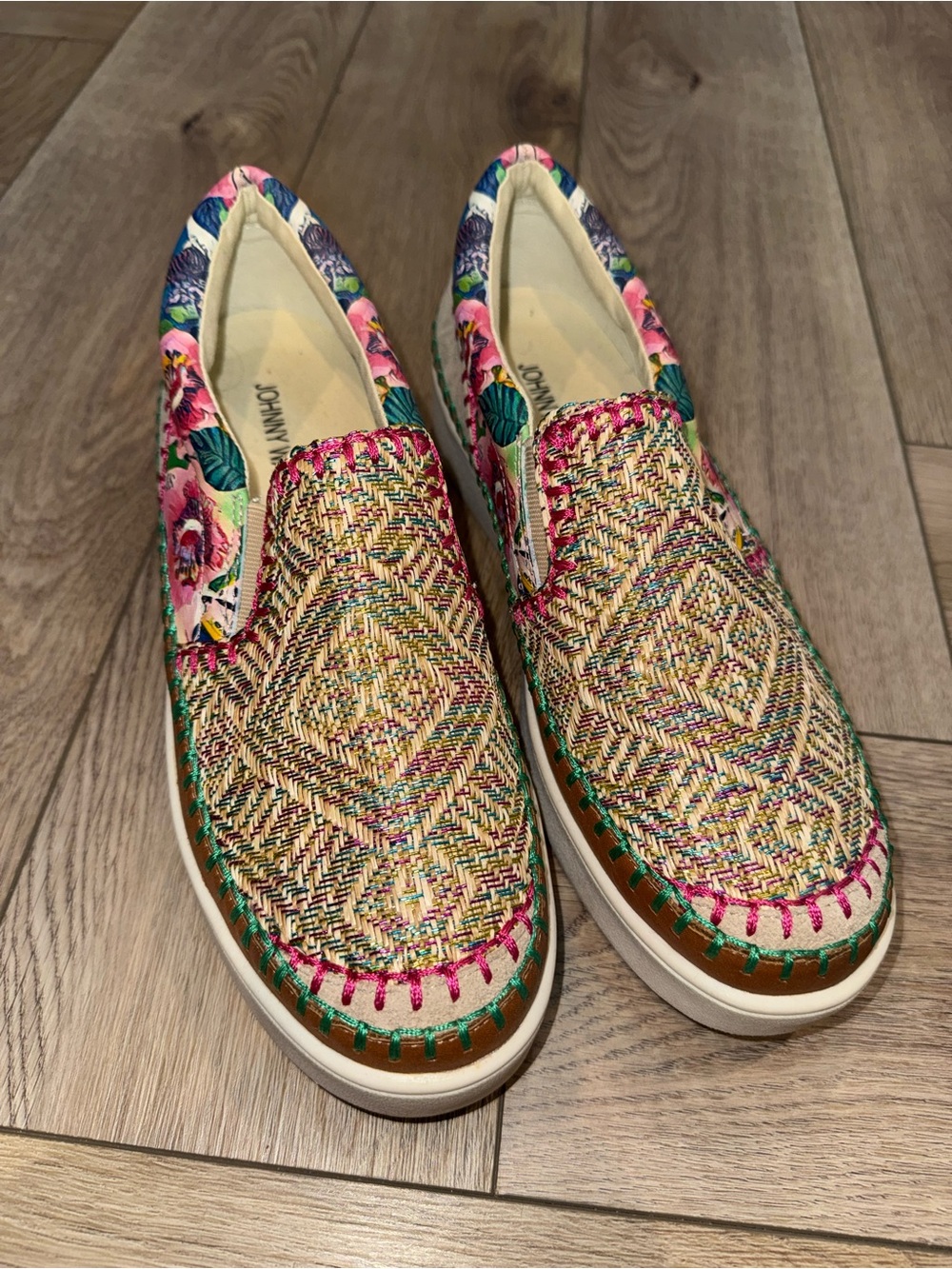 Johnny Was Colorful Woven Slip-On Loafers - Pink Floral Accent
